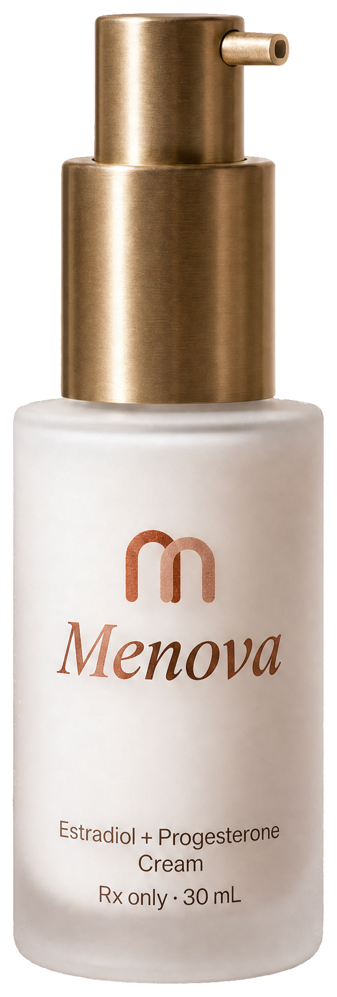 Menova estradiol and progesterone cream in a frosted glass bottle with a brass pump